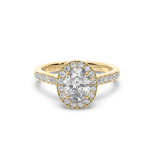 Oval diamond basket style halo engagement ring with bead set shoulders ...