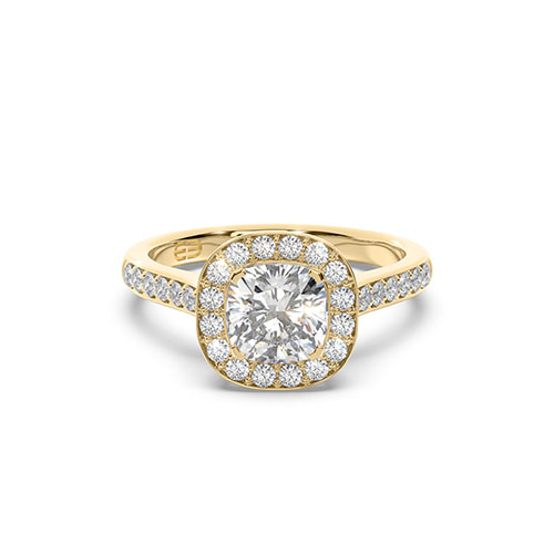 Cushion cut basket style halo engagement ring with bead set shoulders ...